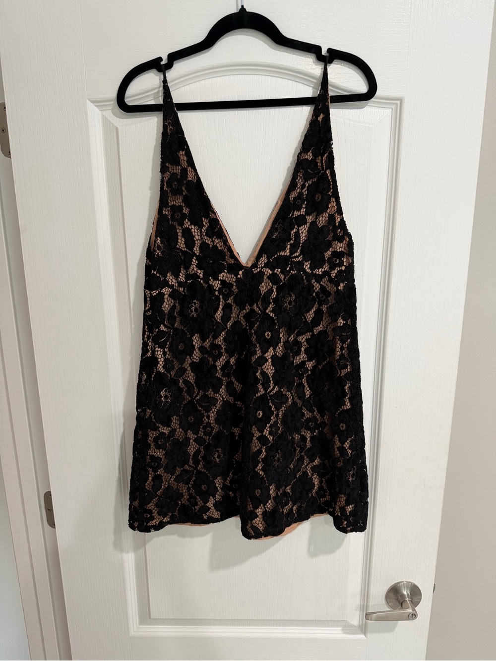 Free People Black Lace V-Neck Slip with Nude Underlay